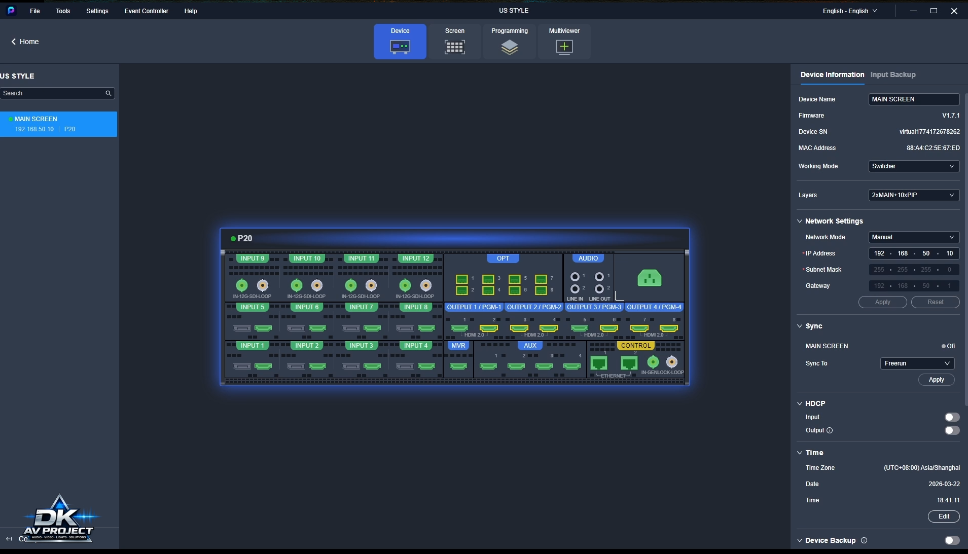 Programmazione avanzata dello switcher video per gestione layer e transizioni 4K.